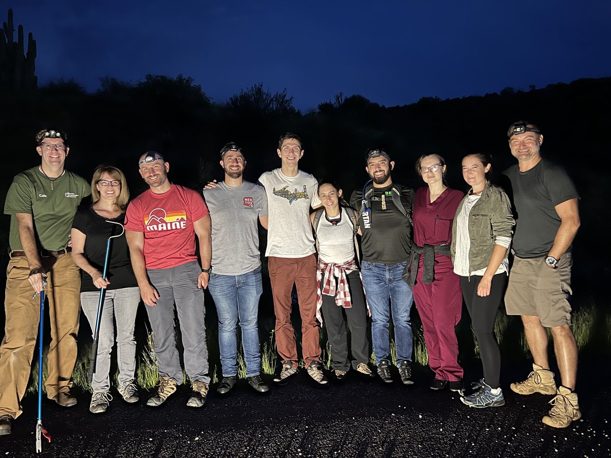 MedToxFellowshp's tweet photo. Tox fellow herping field trip last night - such fun! Found 10 snakes including western diamondback rattlesnakes, black tail rattlesnake, Sonoran coral snake, and lyre snakes. Many other creatures too including a toxic toad. Thanks to Cale from ⁦@PhoenixHerp⁩ for guiding us! https://t.co/BOvTn26lqt
