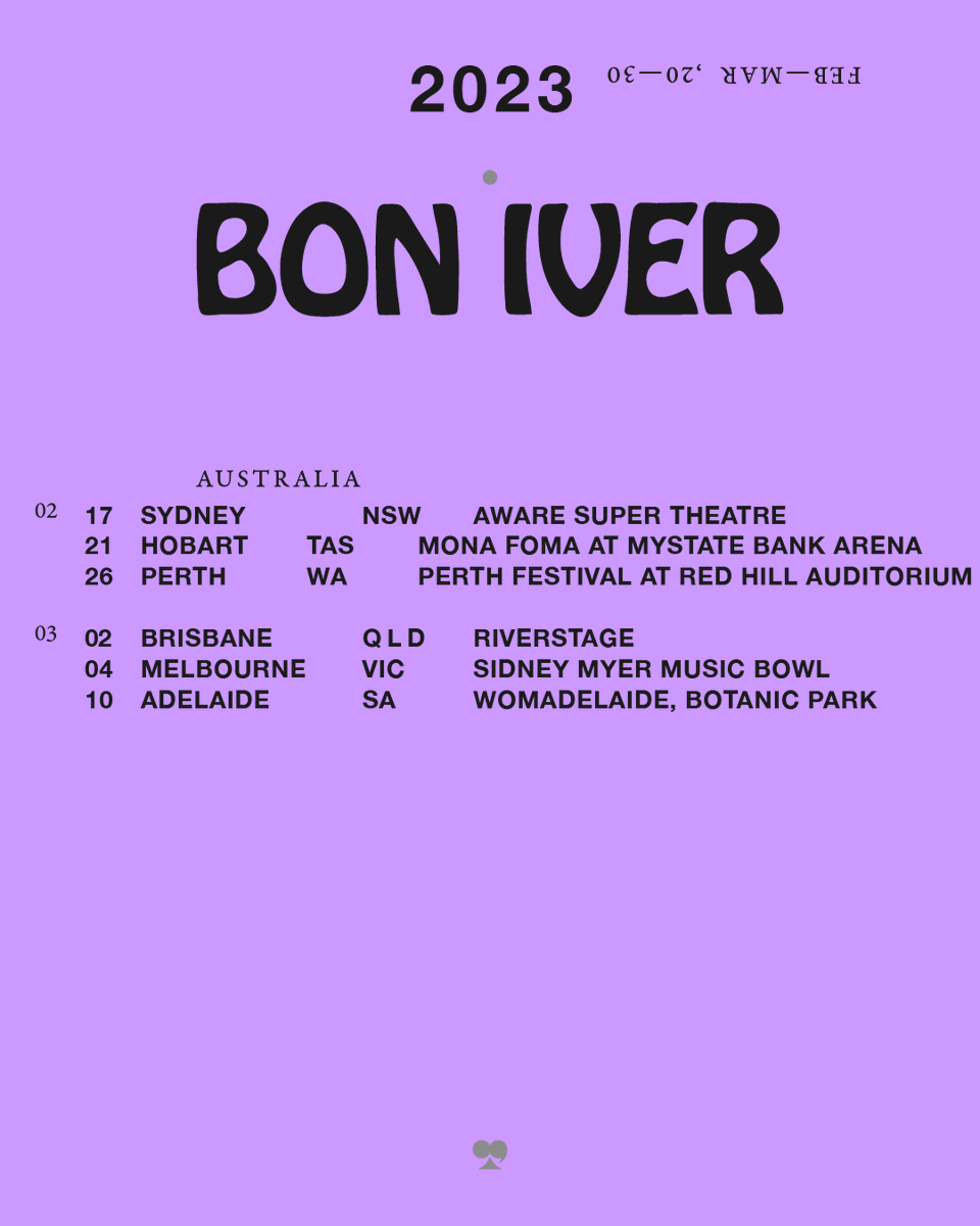 Bon Iver on Twitter: presale* for our Feb/March 2023 Australia headline shows is live today at 9AM local! Use special code 'JELMORE' to get your tix @ https://t.co/wcmezs4966 *Fest presale info