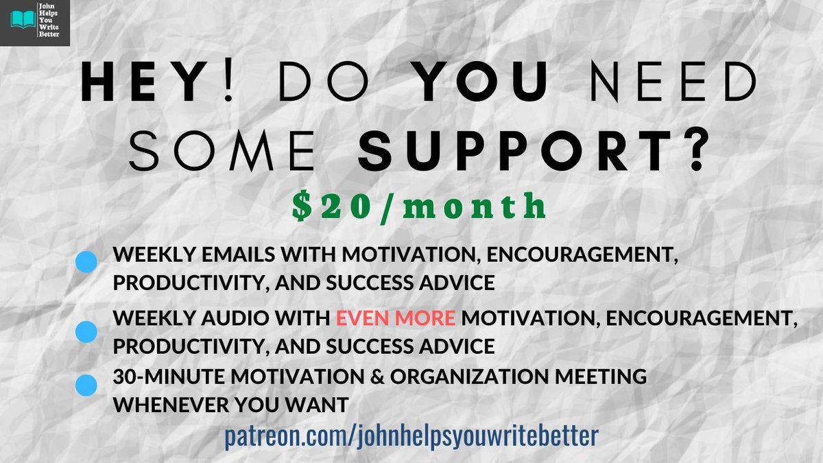 New Patreon tier over at patreon.com/johnhelpsyouwr…

$20/month will get you
* weekly emails to motivate &amp; help you succeed
* weekly audio to give you even more of a boost
* weekly 1-on-1 sessions tailored to you

and all the usual Patreon stuff
#WritingCommunity #writers
