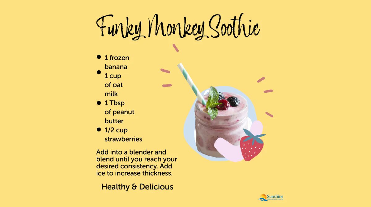 SunshineBHealth's tweet photo. Smoothies are a great way to pack vitamins and nutrition into an enjoyable snack or meal replacement. And a great alternative to alcohol. We love a frozen banana mixed with oat milk and peanut butter.  What is your favorite? https://t.co/dqs5zif81U 
#WellnessWednesday #sobriety https://t.co/Kf98EI8d0h