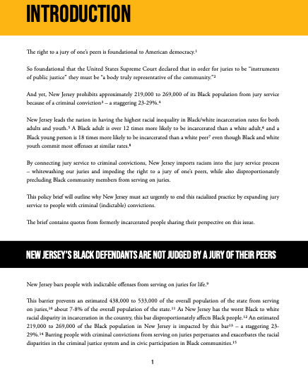 NJ_ISJ's tweet photo. The right to a jury of one's peers is foundational to America.

Yet, NJ prohibits approximately 219,000 to 269,000 of its Black population from jury service because of a criminal conviction – a staggering 23-29%.
 
NJ's Black defendants are not judged by a jury of their peers. https://t.co/mzSBUrnjAB