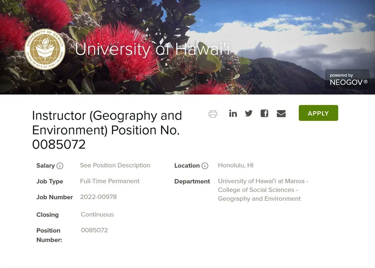 The Department of Geography and Environment at the University of Hawai'i is hiring a permanent faculty Instructor to teach human geography courses. Application deadline is Thursday, Sept 1. schooljobs.com/careers/hawaii…