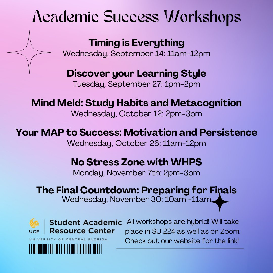 UCFSARC's tweet photo. Hi Knights! Save the date for our Academic Success Workshops this semester! All workshops will take place both on Zoom and in the Student Union. Check the link for the Zoom information! #UCFSARC #AcademicSuccessWorkshops #Fall2022 #AcademicSupport #GoKnights https://t.co/r2CE7J5bYJ
