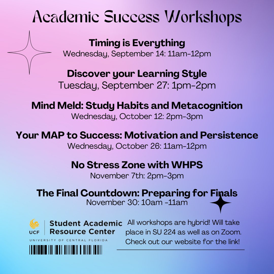 UCFSARC's tweet photo. Hi Knights! Save the date for our Academic Success Workshops this semester! All workshops will take place both on Zoom and in the Student Union. Check the link for the Zoom information! #UCFSARC #AcademicSuccessWorkshops #Fall2022 #AcademicSupport #GoKnights https://t.co/r2CE7J5bYJ