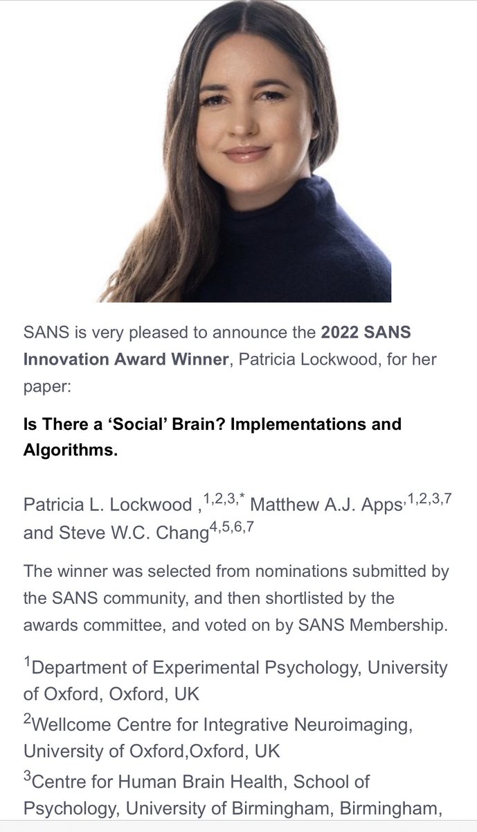 stevewcchang's tweet photo. Huge Congratulations to ⁦@thepsychologist⁩ and ⁦@brain_apps⁩ for winning the SANS Innovation Award for our review paper together on applying Marr’s three levels to navigate around the ‘Social Brain’ 👇🎉🎊 ⁦@SANS_news⁩ https://t.co/46U4y5TotN