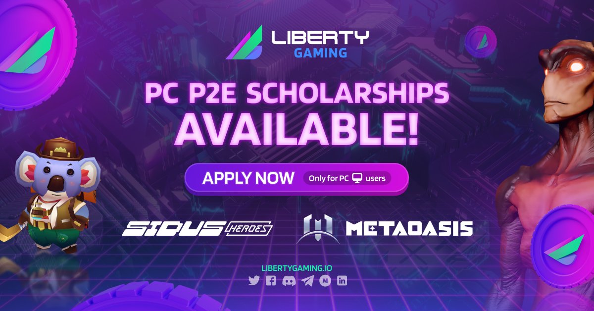 LibertyGaming's tweet photo. Hello, #Metaverse 👋 

#Scholarships for PC-based #p2e #blockchaingames are now available 🔥

We've got scholarships for 
@galaxy_sidus and 
@Metaoasis_ , with more on the way 🎮

Details &amp; application form at our Medium: https://t.co/P55C8JBHRP 🌐

#Web3 #GameFi #PlayToEarnGame https://t.co/1TyHGsf8zL
