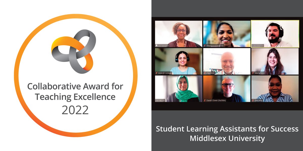 AdvanceHE's tweet photo. Congratulations to the Student Learning Assistants for Success team from @MiddlesexSU on your #CATE Award! The team has afforded student voices to be heard, for them to co-create resources, and lead aspects of SLA training. #CATE22 #AdvanceHE https://t.co/kRQmksPVj5 https://t.co/bKZTw6mJGt