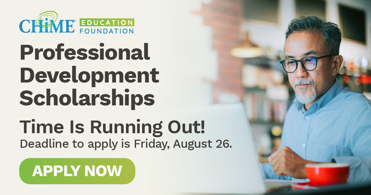 CHIMEUniversity's tweet photo. Reminder, deadline to apply is Friday, 8/26!

Looking for professional development opportunities? CHIME is here to help. We offer #scholarship opportunities for CHIME Fall Forum, #BootCamps, ViVE, and so much more!!  https://t.co/XQVEmYoULj

#DigitalHealth #HealthIT #Education https://t.co/KdMsOy3sv4