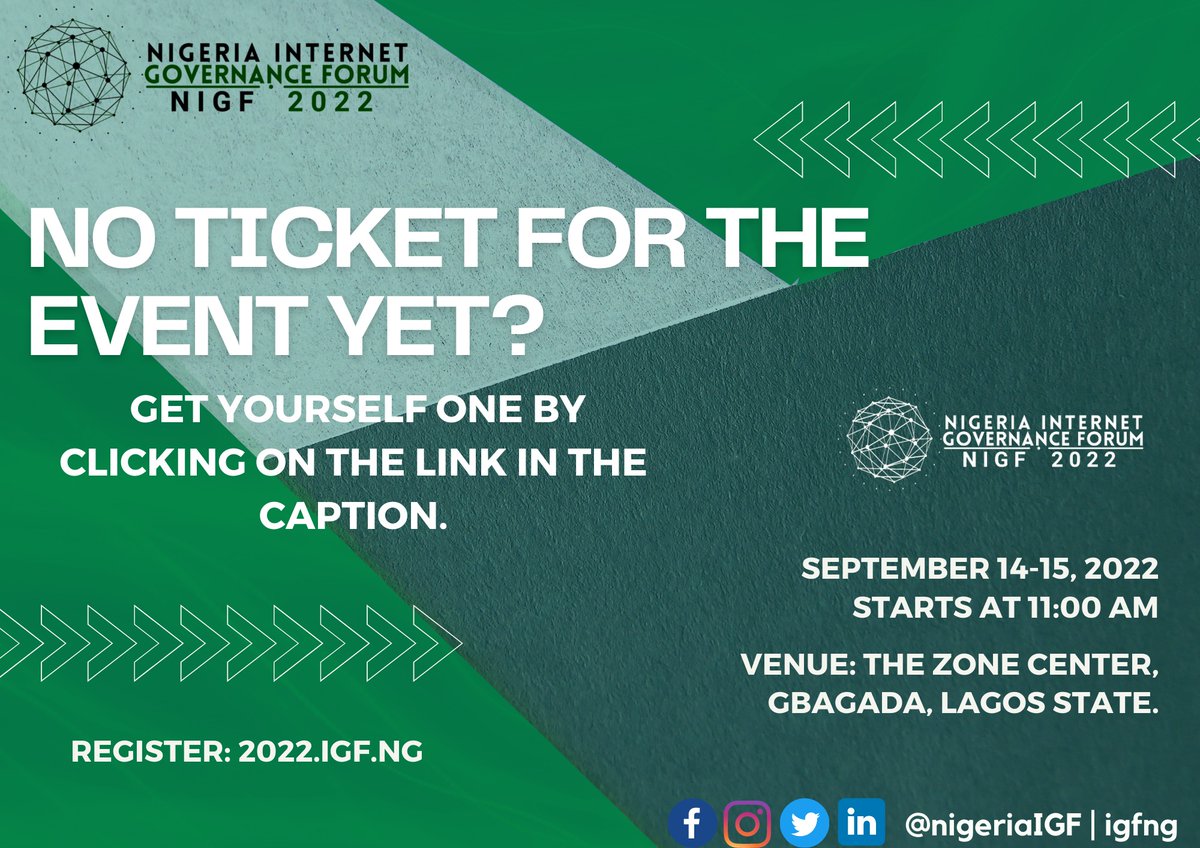 igfng's tweet photo. 📢📢📢No ticket yet?? Get yourself one at https://t.co/gtazacwxla
And tell us which topics  you want to see us cover during the hybrid Nigerian Internet Governance Forum in the comments section below.
 #NIGF2022 #NIGF #NigeriaIGF #InternetGovernace #isoc #nitda #Nira #niraworks https://t.co/H3wToAtCWv
