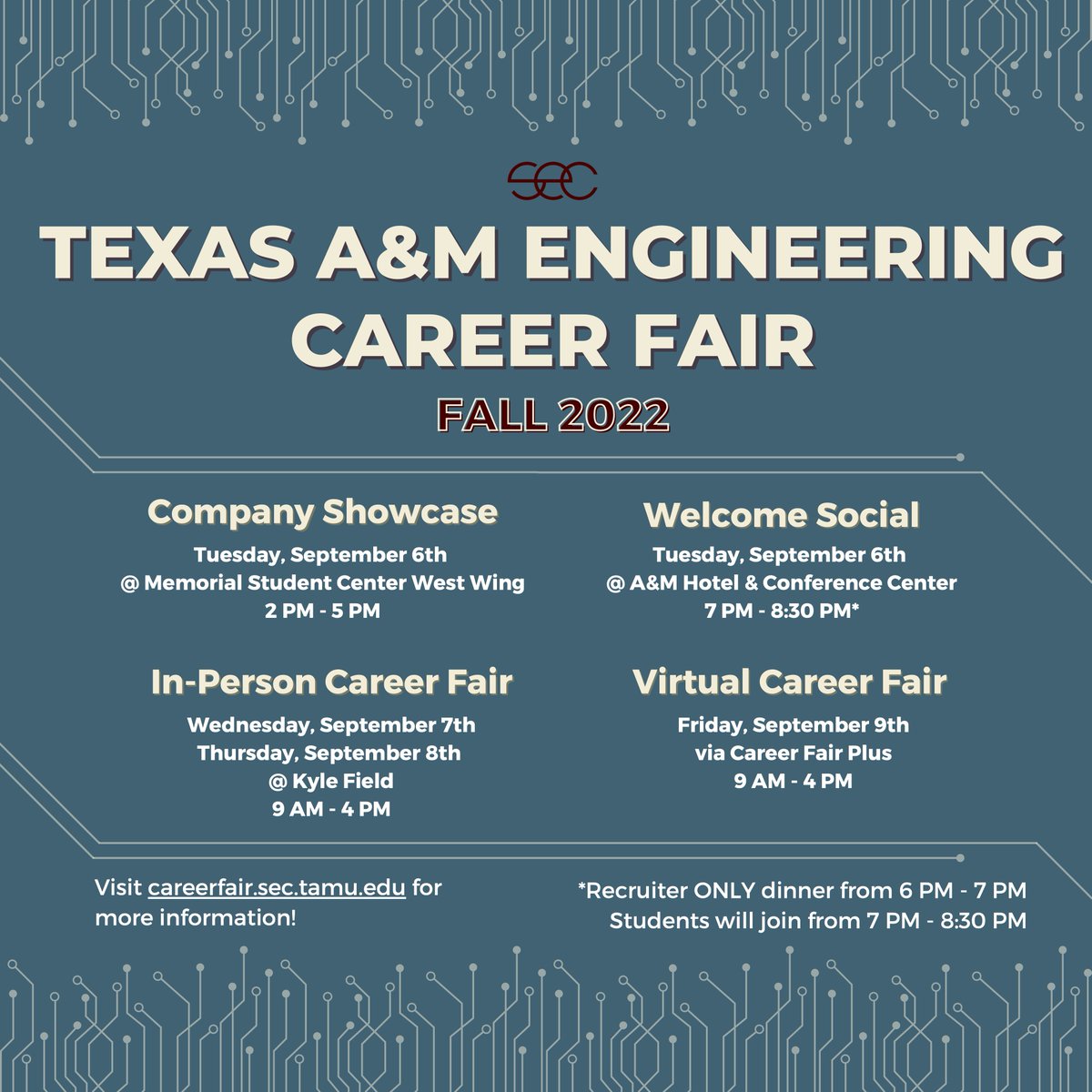 TAMUsec's tweet photo. Howdy! On behalf of Texas A&amp;M University's Student Engineers' Council, we would like to officially announce the information for our Fall 2022 Engineering Career Fair. Respective details such as dates, times, and locations can be found here and on our website! https://t.co/5ZS2aV3jGd