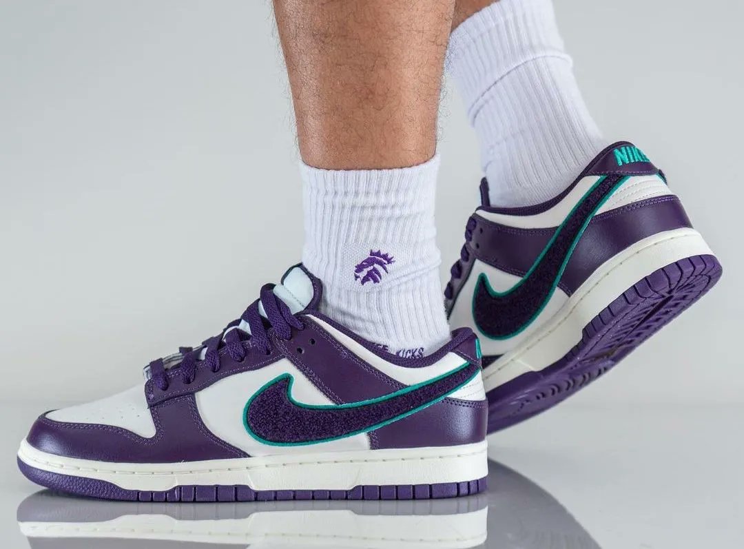 On Foot Look at the Nike Dunk Low "Chenille Swoosh" Purple bit.ly/3R3Tlmd