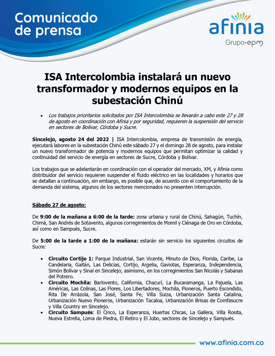 AfiniaGrupoEPM's tweet photo. 👷🏼‍♂️⚡️ISA Intercolombia, ejecutará labores en la subestación Chinú este sábado 27 y el domingo 28 de agosto, para instalar un nuevo transformador de potencia y modernos equipos que permitan optimizar la calidad del servicio en sectores de Sucre, Córdoba y Bolívar. https://t.co/t80qMOkJBw