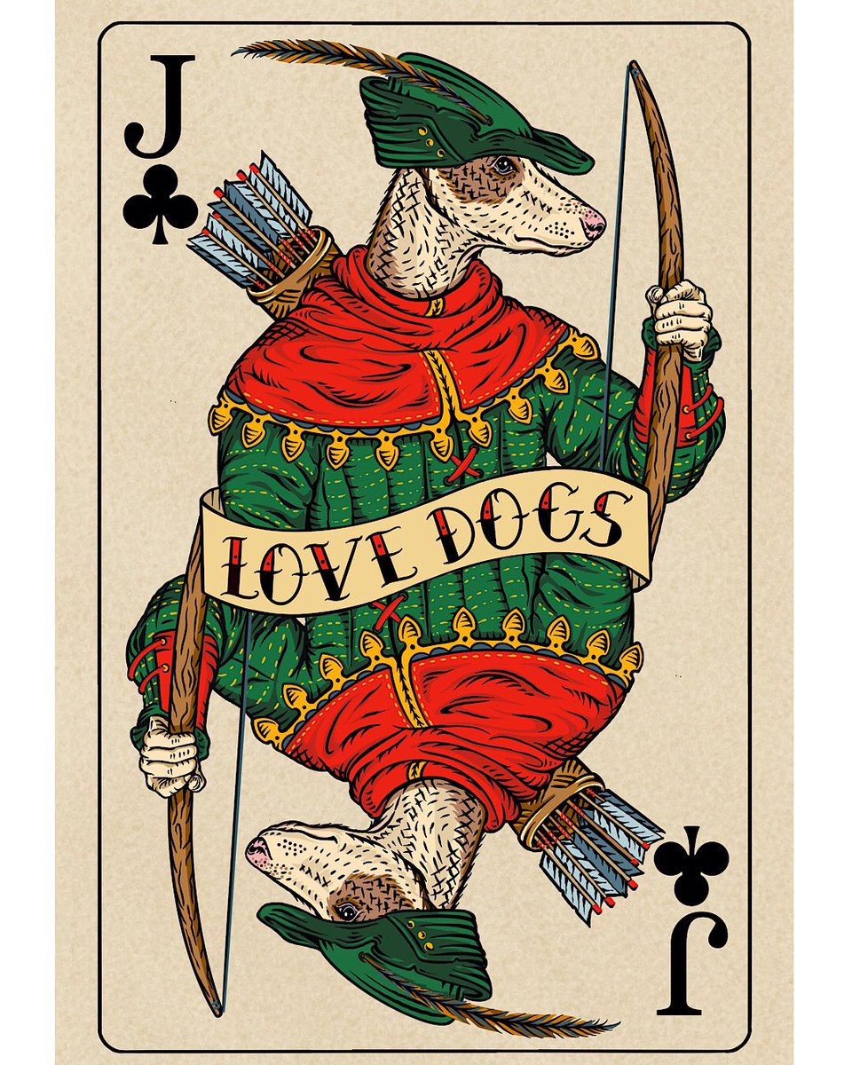 Currently working on a full deck of playing cards called  “Love dogs” 16 different doggos for the picture cards. Here we have a Robin Hood inspired Podenco Jack of Clubs archer. Thanks for looking and liking 🥰🥰