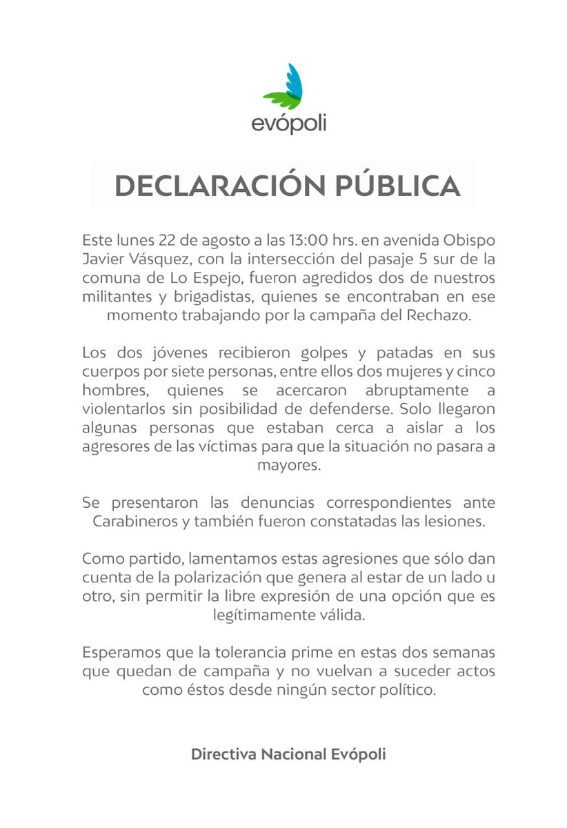 A dos semanas de un Plebiscito histórico para nuestro país, no podemos permitir estos actos de violencia, que transgreden la libre expresión que cada ciudadano tiene de opinar y trabajar como brigadistas por la opción que considera que es mejor para Chile 🇨🇱