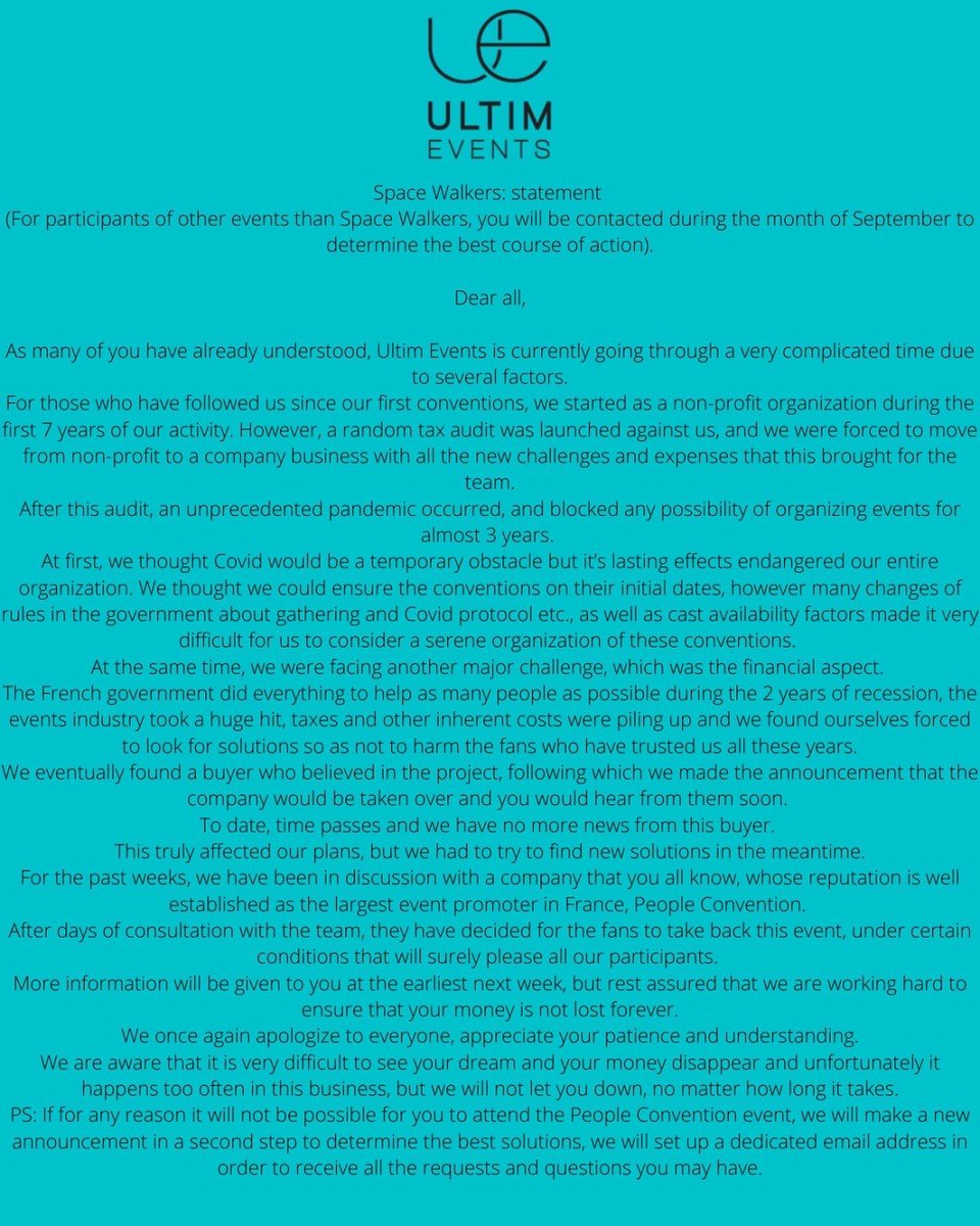 ultimeventz's tweet photo. Communiqué SW/ statement SW 
Other conventions—> info coming soon, thank you SO very much for your patience we know it’s really hard right now and we are sorry to keep you waiting this long. https://t.co/cgfoLr1XeJ