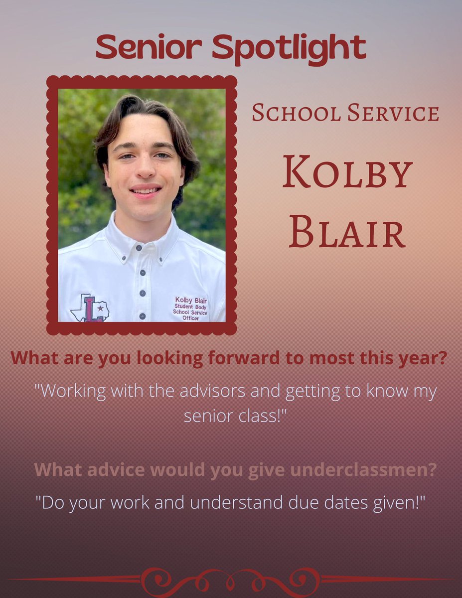 lewisvillestuco's tweet photo. To finish off our Senior Spotlights we have Kolby Blair, our second Student Body Senior Class School Service Officer!! https://t.co/QqTA28DRPb