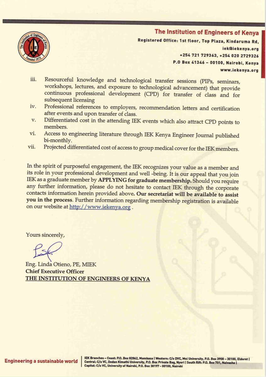 Dear Graduate Engineer please take advantage of this call to action from our able CEO <a href="/linrads/">linda radiro</a> <a href="/TheIEK/">The Institution of Engineers of Kenya</a> and register as graduate member of the institution of Engineers of Kenya as you work on your transitioning Journey to Professional Engineer . <a href="/KenyaFraternity/">KENYA ENGINEERING FRATERNITY</a> <a href="/EngineersBoard/">Engineers Board of Kenya</a>