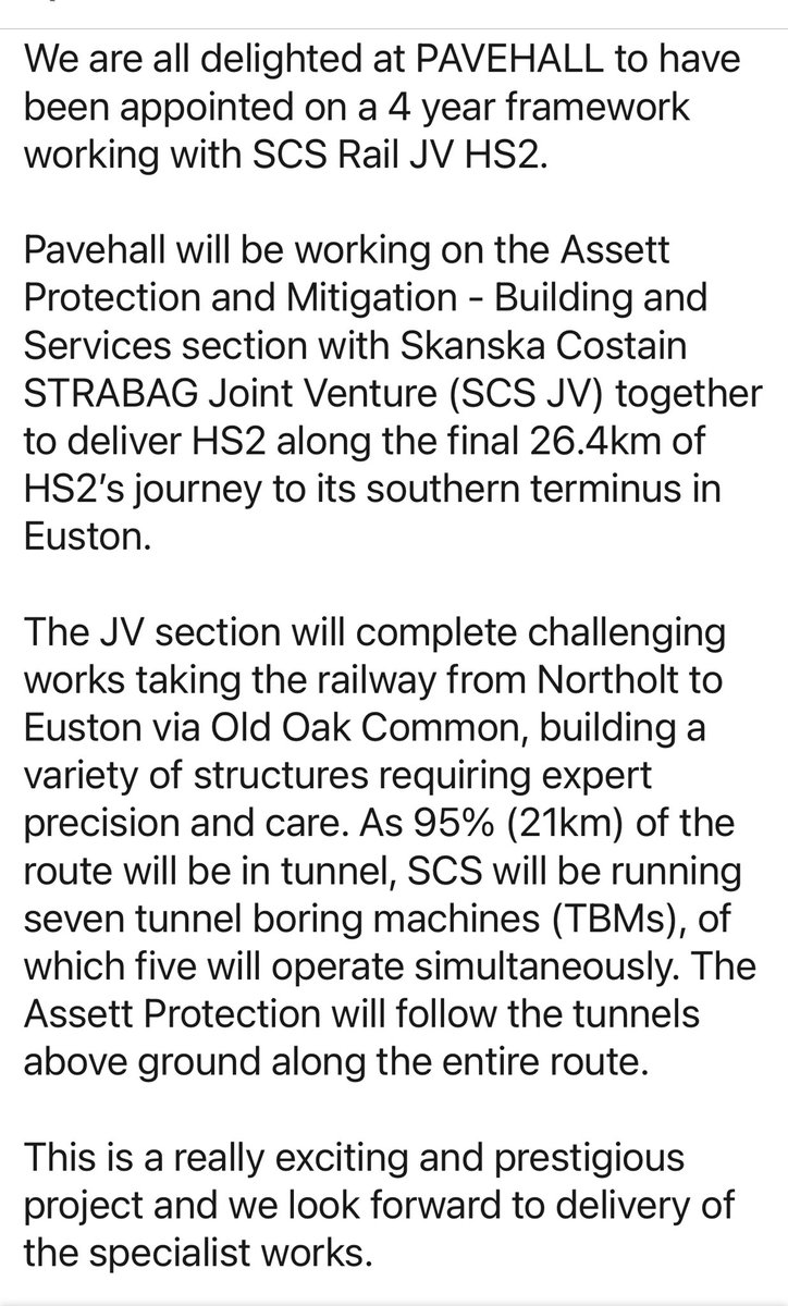 Pavehall's tweet photo. We are all delighted at PAVEHALL to have been appointed on a 4 year framework working with SCS Rail JV HS2. https://t.co/Mtwr4i9C3d
