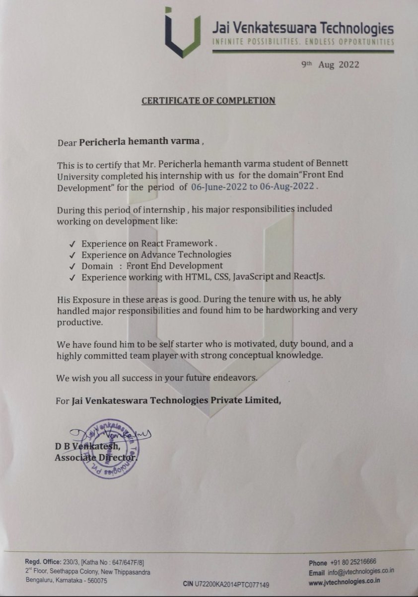 Hemanthvarmaaa's tweet photo. I’m very glad to announce that i successfully completed my 2 months summer internship at Jai Venkateswara Technologies Private Limited. I would like thank @SCSETBennett and BU’s placement cell for providing me with the great opportunity. #reactjs #reactdeveloper #internship https://t.co/Hr0UGKoO7X