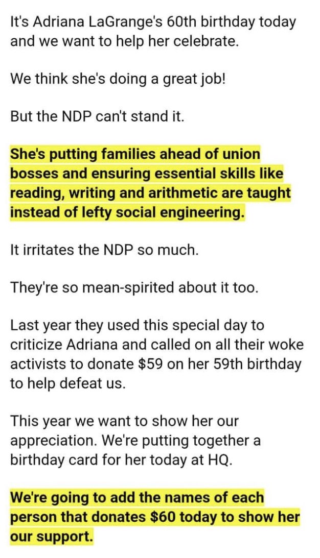 TheFrenchWong's tweet photo. Hey #AbPoli & #AbLeg peeps, it’s @AdrianaLaGrange’s 61st birthday today, so I donated $61 to the #AbNDP. Looking forward to tossing the #AbUCP to the curb in 291 days. #FireTheUCP #BetterOffIn2023 #BetterOffWithRachel https://t.co/iGU2D9M9Lx