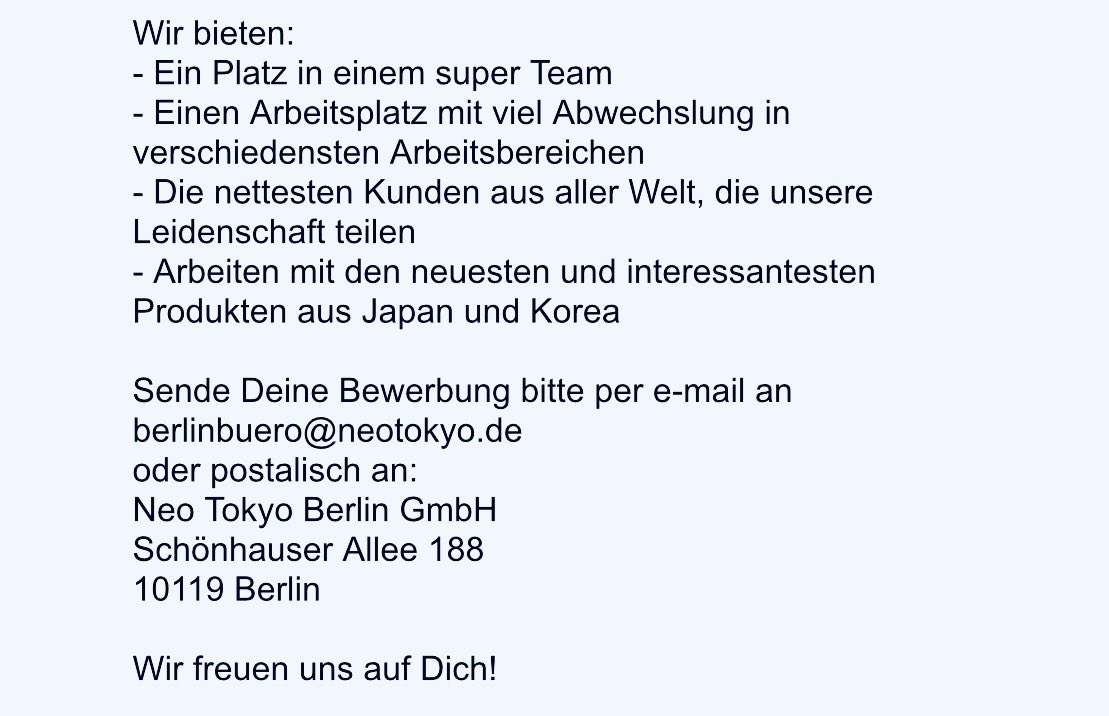 neo_tokyo_shop's tweet photo. Hallo ❤️🫶🏻 

Unsere lieben Kollegen in Berlin suchen Verstärkung in unserer Berliner Filiale. 🥳🙏

Wenn ihr auch auf der Suche seid und unserem #NeoTeam 💪🏻 beitreten wollt, dann würden wir uns sehr über eure Bewerbung freuen 🥰

🙏Retweets würden uns bei der Suche sehr helfen🙏 https://t.co/ucbu1OF7rq