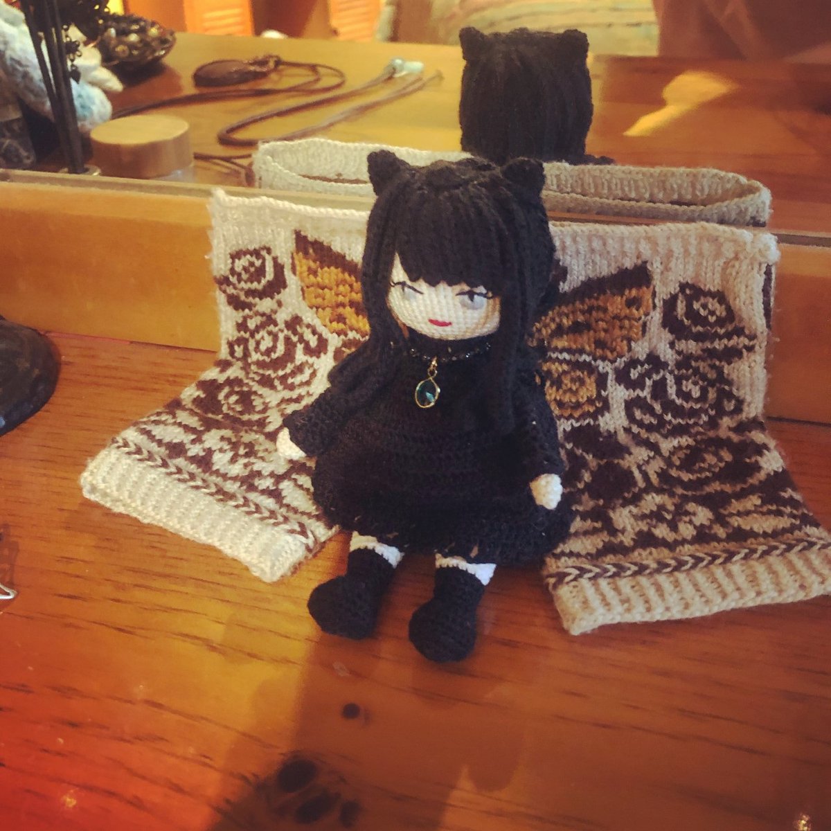 maggielwood's tweet photo. @NewEnglandHaunt Are you still looking for a Nadja doll? I am working on designing a miniature crocheted version of the Nadja doll, so it may not be what you're looking for,  but here's a shot of her! https://t.co/q4p3hYXqPp