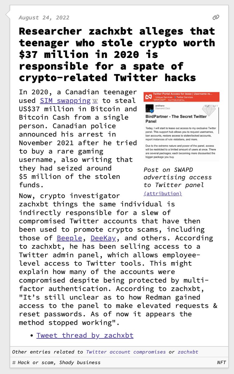 Researcher zachxbt alleges that teenager who stole crypto worth $37 million  in 2020 is responsible for a spate of crypto-related Twitter hacks August  24, 2022 https://t.co/TDem6dgCv6