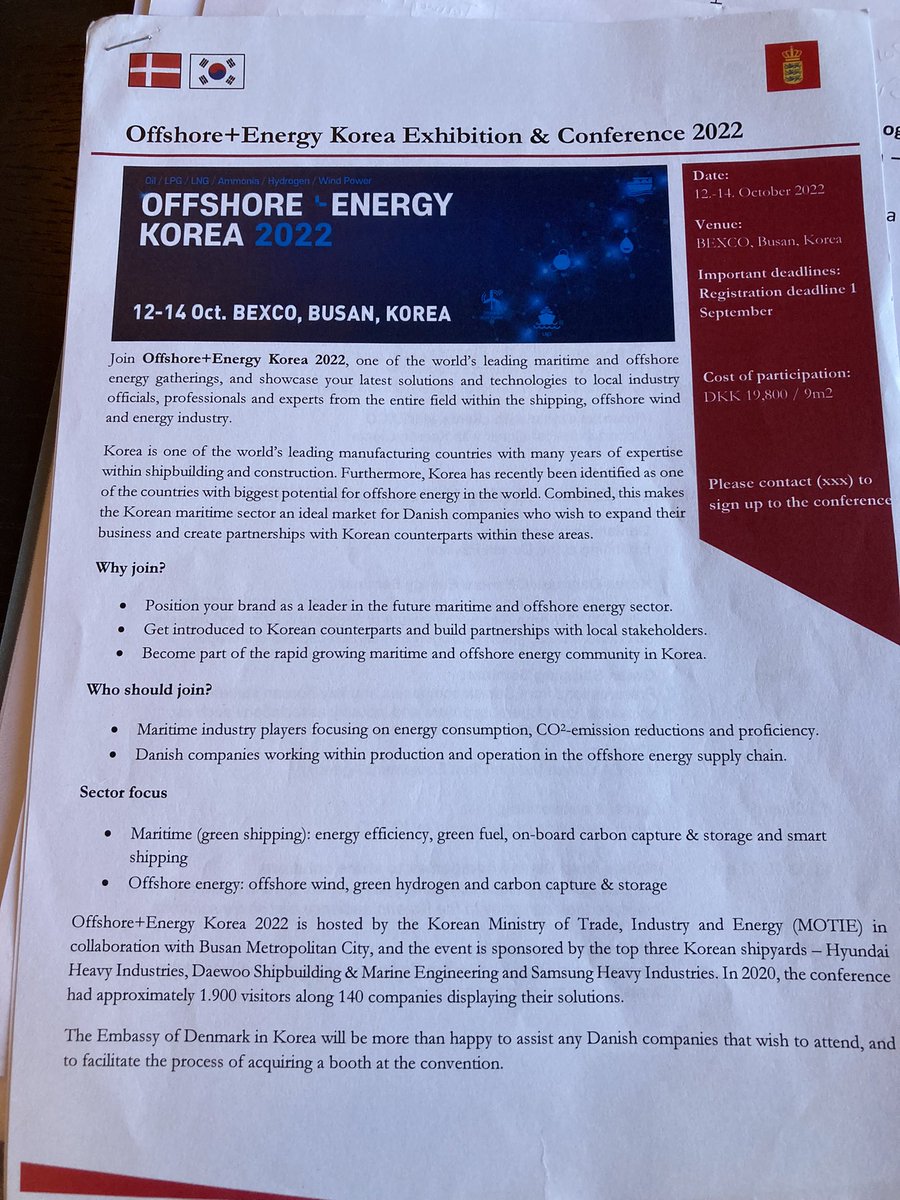 DKAMBinKorea's tweet photo. Thank you for inviting me to speak in @DanishShipping Danske Rederier today. Green shipping is the future. Join us for Offshore Energy Korea 2022 - 12-14 October BEXCO, Busan in collaboration with @DanskIndustri &amp; Danish Export Association @DanishMFA @thetradecouncil https://t.co/p7mwvUuioJ