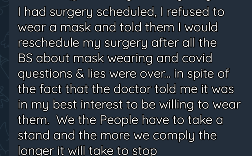 DrSarteschi's tweet photo. This Romana Didulo follower is willing to put off surgery to take a stand against mask wearing https://t.co/9qNJNGJ0tU
