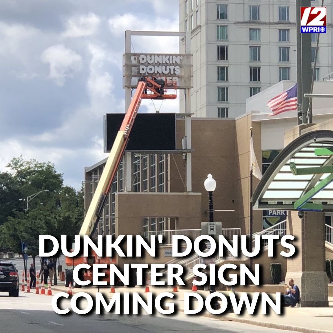 wpri12's tweet photo. The end of an era: Crews remove the Dunkin’ Donuts Center sign as the venue nears a name change. 

Read more: https://t.co/AhTzu990kP https://t.co/lXurg27RF8