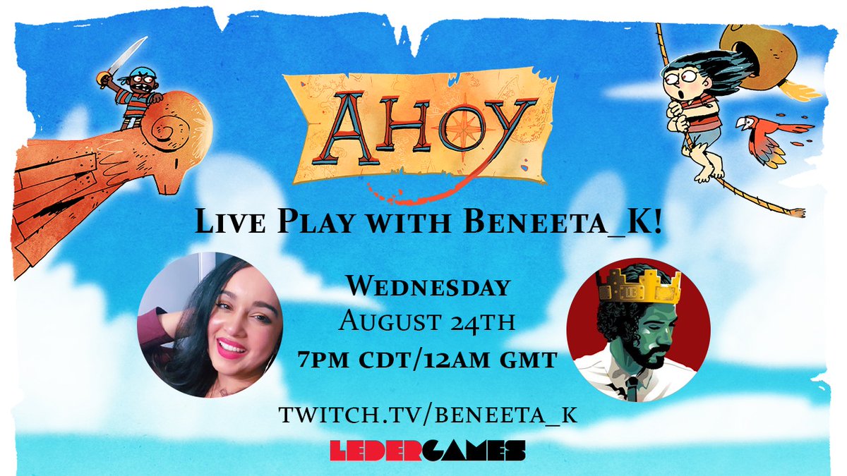 claycapra's tweet photo. A live play of Ahoy is tonight, August 24th. Beneeta_K and Sam (Lord of the Board) will go head-to-head on Twitch, 7PM CDT
https://t.co/DPcJQjflhu https://t.co/M76e4DDxMe