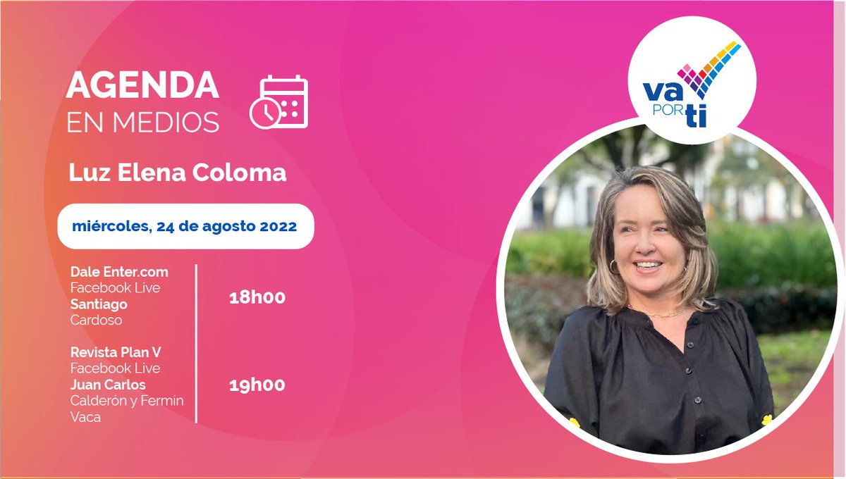 Compartimos con ustedes la agenda de medios de <a href="/ZULNELEA/">Luz Elena Coloma 🇪🇨</a> para hoy al final de la tarde. Les esperamos, acompáñanos! #VaPorTi #Quito #Propuestas #Valores