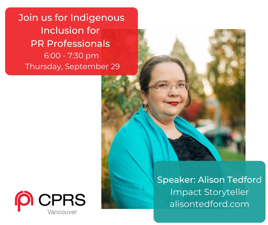 Save the date: Join Alison Tedford, author and a key voice in Indigenous Relations in BC, for an important discussion on Sept 29 in recognition of the National Day for Truth and Reconciliation. 
#cprs #vancouver #september #NDTR