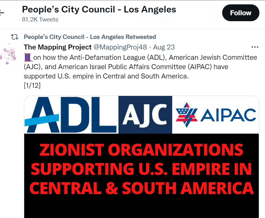 SiaKordestani's tweet image. WOW! The @PplsCityCouncil retweeted the super antisemitic "Mapping Project" group targeting Jewish schools, cultural centers, disability services groups. FBI's Boston office is investigating the group.

The tweet says @ADL @AJCGlobal @AIPAC support "U.S. empire" in Latin America.