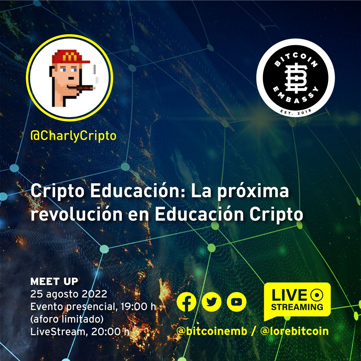bitcoinemb's tweet photo. Jueves de #meetup en el @bitcoinemb. @CharlyCripto presenta: La próxima revolución en educación cripto. Los esperamos.
#meetups #cryptomeet #bitcoienemb #cryptosolar https://t.co/kxalHoE4rb