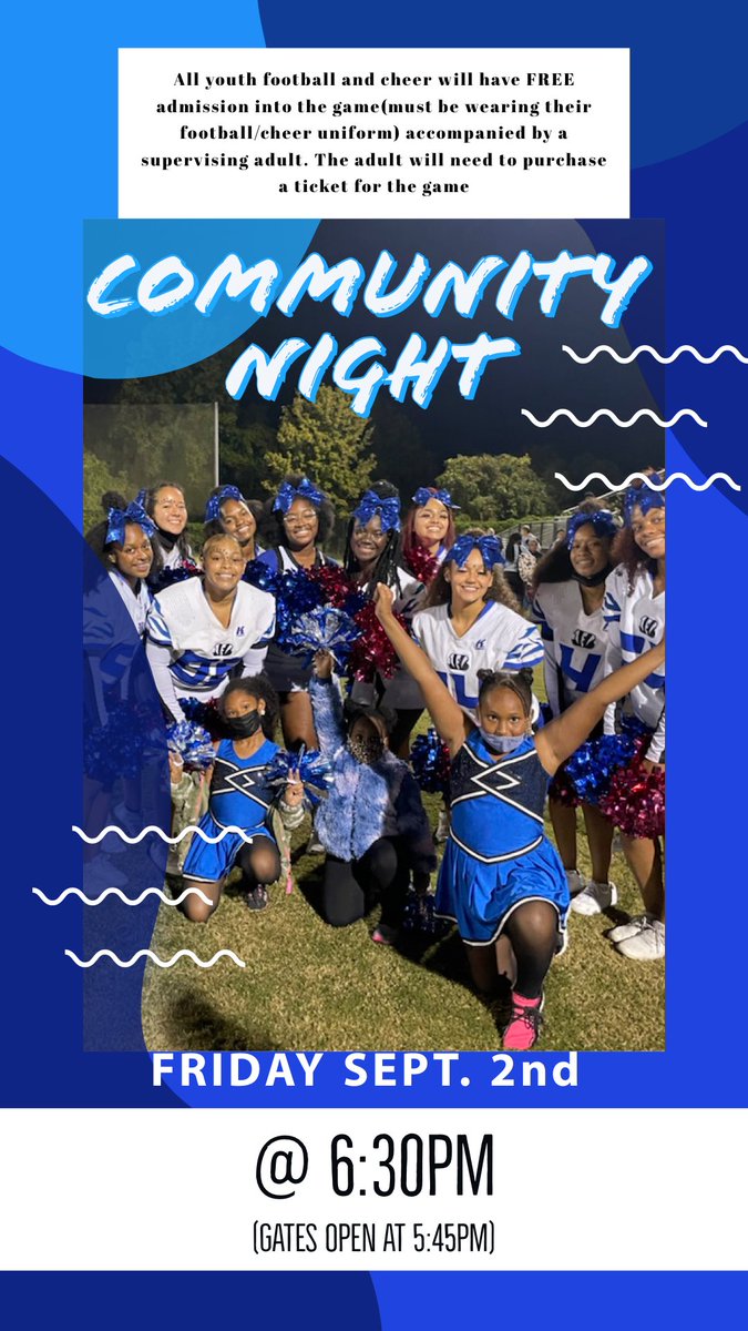 Come join us for the first home game against Northwood ! We love to see all the young football players and cheerleaders come out to support! Remember to wear your uniform to get for free with your parent !