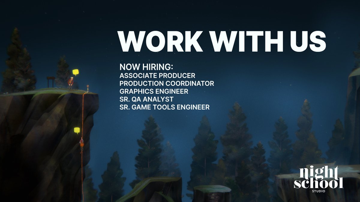 nightschoolers's tweet photo. We’re hiring! 📢Want to make games that leave a meaningful impact on players? Join us as:

▪️Associate Producer
▪️Production Coordinator
▪️Graphics Engineer
▪️Sr QA Analyst
▪️Sr Game Tools Engineer

Apply: https://t.co/DKFBpnNw2P https://t.co/mpyogqaAwm