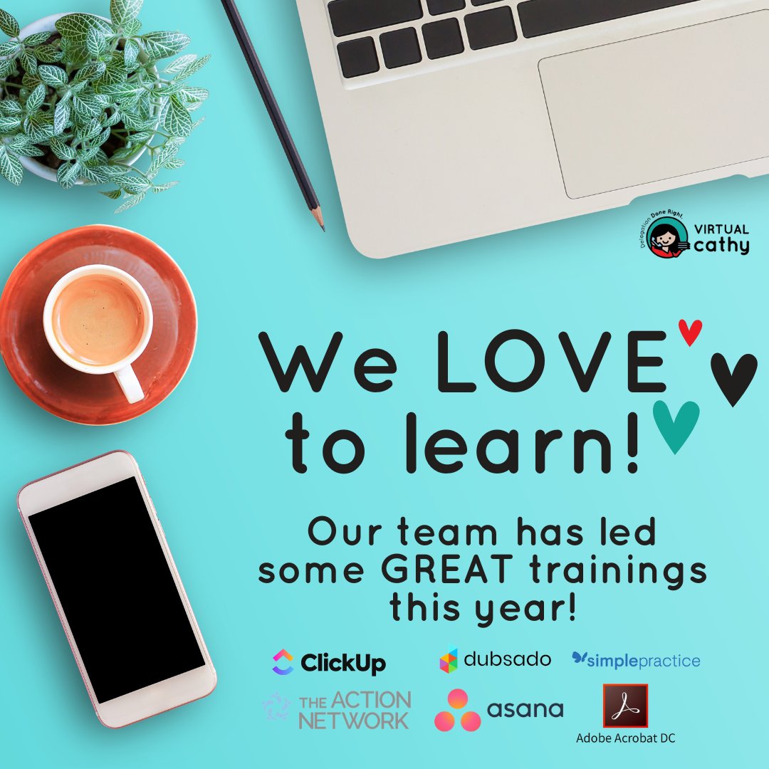TheVirtualCathy's tweet photo. Every month, a member of our team leads a training on a different program. This way, we can all keep up with the latest and greatest technology and tools! 

Learning is an essential part of being a successful virtual assistant, and we're glad to make it a priority on our team. https://t.co/6ZmZeKuUBA