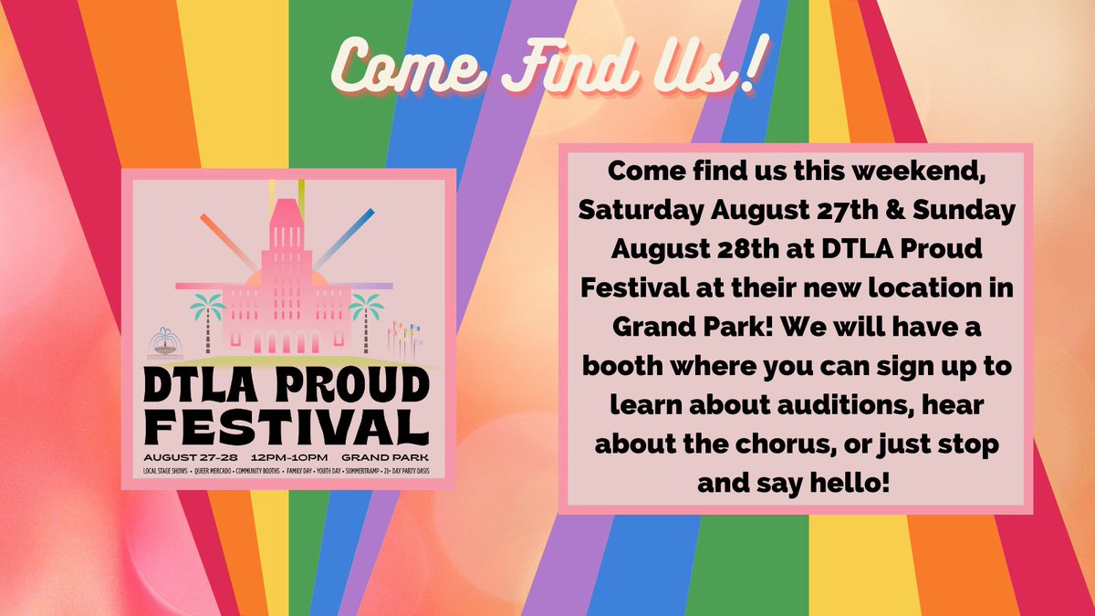 🌈Come find us this weekend, Saturday 8/27 & Sunday 8/28 at DTLA Proud Festival at their new location in Grand Park!🌈 Tickets are available here: wl.seetickets.us/event/DTLA-PRO… #westcoastsingers 🎙️🎶  #dtlaproud #pride2022 #DTLA  #LGBTQIA  #visibility #galachorus #losangeles #events