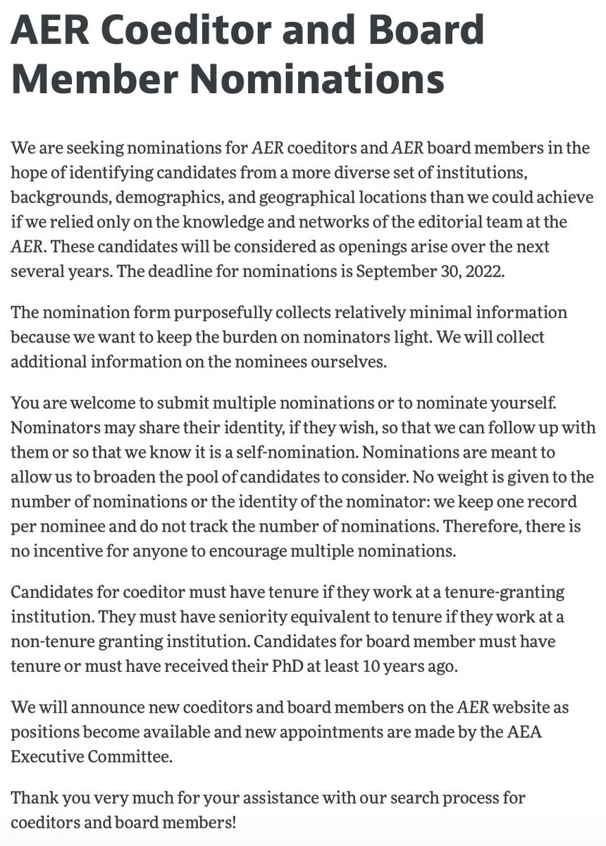 We’re seeking nominations for coeditors and board members at the AER @AEAJournals. Nominations that will help diversify our board and team of coeditors are esp. welcome. Submit nominations by Sep. 30: aeaweb.org/journals/aer/a…. Thank you!