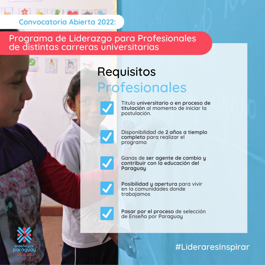 EnsenaxParaguay's tweet photo. Unite a este gran desafío ✨
Postula al programa de liderazgo para Profesionales y empeza a crear mejores futuros posibles para cientos de estudiantes.
📨Postula en: https://t.co/HIrNv1rgdC https://t.co/w4B7a0sKgz