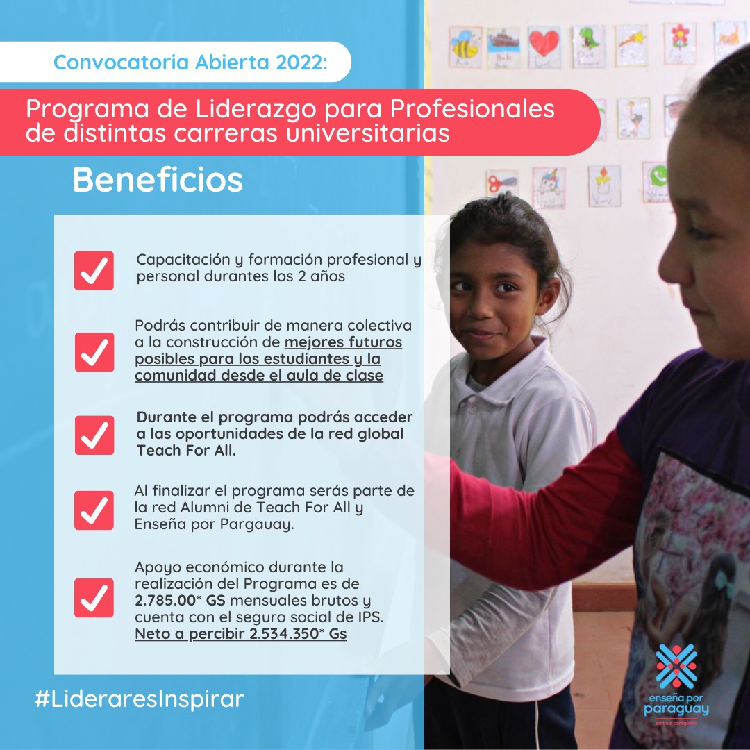EnsenaxParaguay's tweet photo. Unite a este gran desafío ✨
Postula al programa de liderazgo para Profesionales y empeza a crear mejores futuros posibles para cientos de estudiantes.
📨Postula en: https://t.co/HIrNv1rgdC https://t.co/w4B7a0sKgz