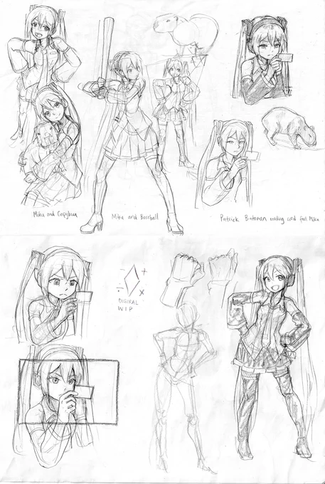 I can't continue the previous WIP today, so here are some Miku sketches. 
