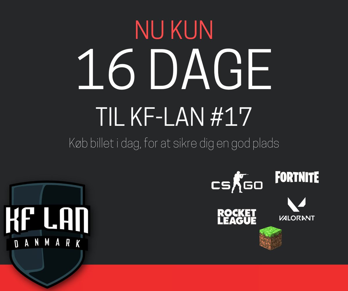 KF_LAN_DK's tweet photo. #KF17
Kun 16 dage til at KF-LAN #17 starter. Vil du have en episk weekend med venner og bekendte fra hele landet?
Reserver din plads på https://t.co/kCX1xJq82n nu! https://t.co/8iDBnI4TDy