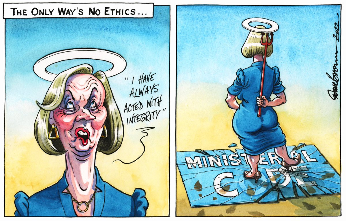 Dave Brown on #LizTruss #EthicsAdviser #MinisterialCode #FizzWithLiz #Chevening #ToryLeadershipFarce #Blundertruss #ThickLizzy - political cartoon gallery in London original-political-cartoon.com