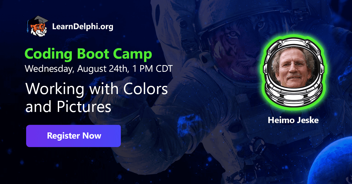 EmbarcaderoTech's tweet photo. Join the next session on “Working with Colors and Pictures” by Heimo Jeske at 1 PM CDT. Learn how to design awesome projects with colour and balancing of visual elements. Register here! https://t.co/bW7gHjzxsE #learntocode #coding #CodingBootCamp2022 @learndelphi https://t.co/fBQ3EqHayY