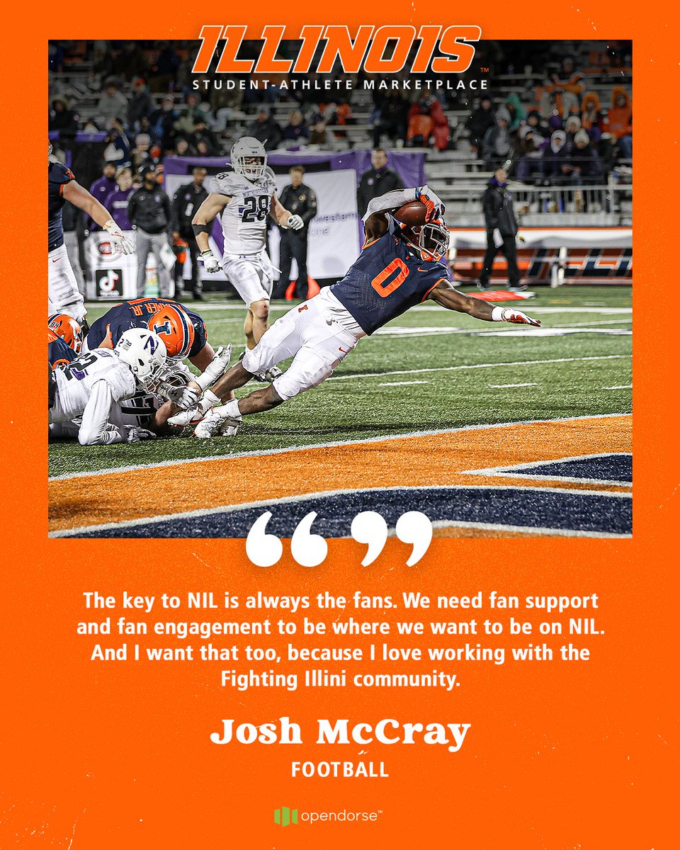 IlliniAthletics's tweet photo. The new 𝐈𝐥𝐥𝐢𝐧𝐨𝐢𝐬 𝐌𝐚𝐫𝐤𝐞𝐭𝐩𝐥𝐚𝐜𝐞 is the ultimate way for student-athletes and fans to engage!

From @goatmccray5's lens ⬇️

#Illini | @IlliniFootball | https://t.co/KW87NMVPYw https://t.co/oeCEO3wiiL