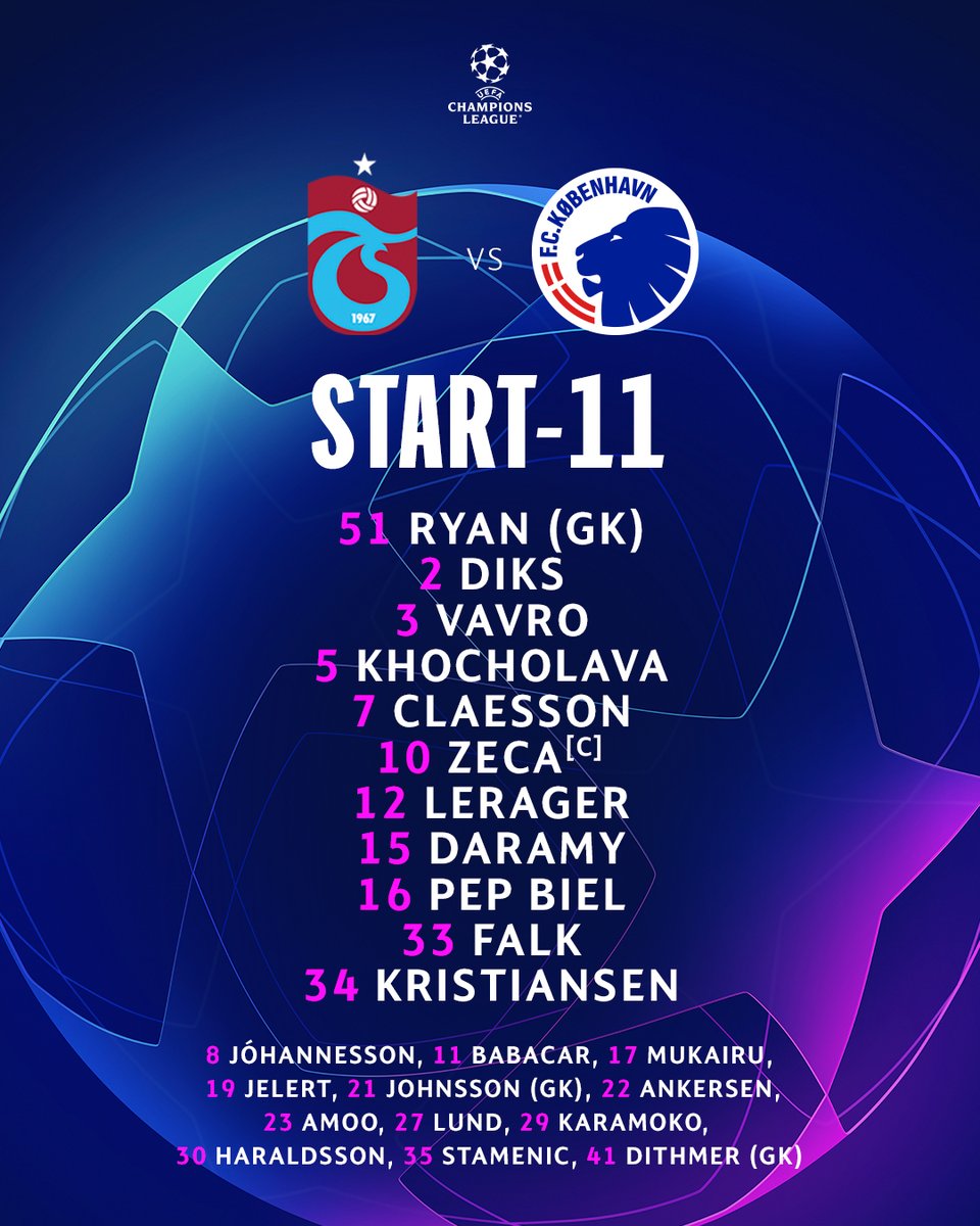 FCKobenhavn's tweet photo. Start-11 mod Trabzonspor. I forhold til den første kamp i København starter Mohamed Daramy i stedet for Hákon Arnar Haraldsson. #fcklive #trafck #ucl https://t.co/cBPuS140y9