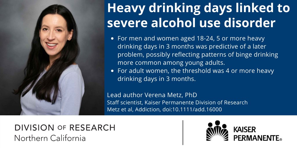 Kaiser Permanente Research NorCal (@kpdor) on Twitter photo New study in <a href="/AddictionJrnl/">Addiction Journal</a> from <a href="/KPDOR/">Kaiser Permanente Research NorCal</a>'s Verena Metz, Stacy Sterling identifies thresholds for # heavy drinking days/3 months linked to diagnosis of severe alcohol use disorder.
Read more: k-p.li/3CvkMBw
The study: bit.ly/3ce6fzz
<a href="/kpnorcal/">KPNorthernCal</a> <a href="/PermanenteDocs/">PermanenteDoctors</a> New study in <a href="/AddictionJrnl/">Addiction Journal</a> from <a href="/KPDOR/">Kaiser Permanente Research NorCal</a>'s Verena Metz, Stacy Sterling identifies thresholds for # heavy drinking days/3 months linked to diagnosis of severe alcohol use disorder.
Read more: k-p.li/3CvkMBw
The study: bit.ly/3ce6fzz
<a href="/kpnorcal/">KPNorthernCal</a> <a href="/PermanenteDocs/">PermanenteDoctors</a>