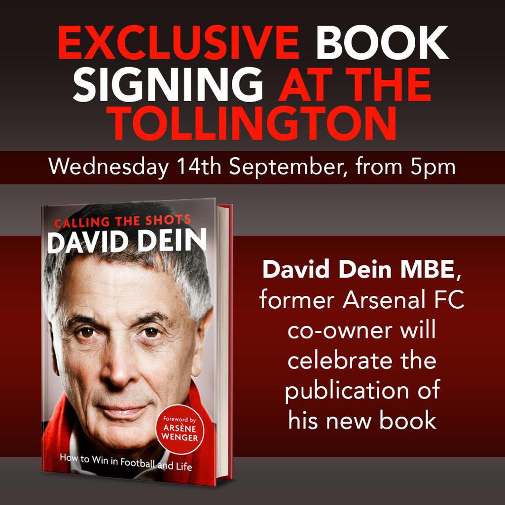 TheTollington's tweet photo. Confirmed! Here we go! David Dein will launch his new book at the Tollington and be signing copies on Wednesday 14 Sept from 5pm.

The former Arsenal director has quite a story to tell don’t you think?

One not to be missed! https://t.co/I6TxtRTr8Y